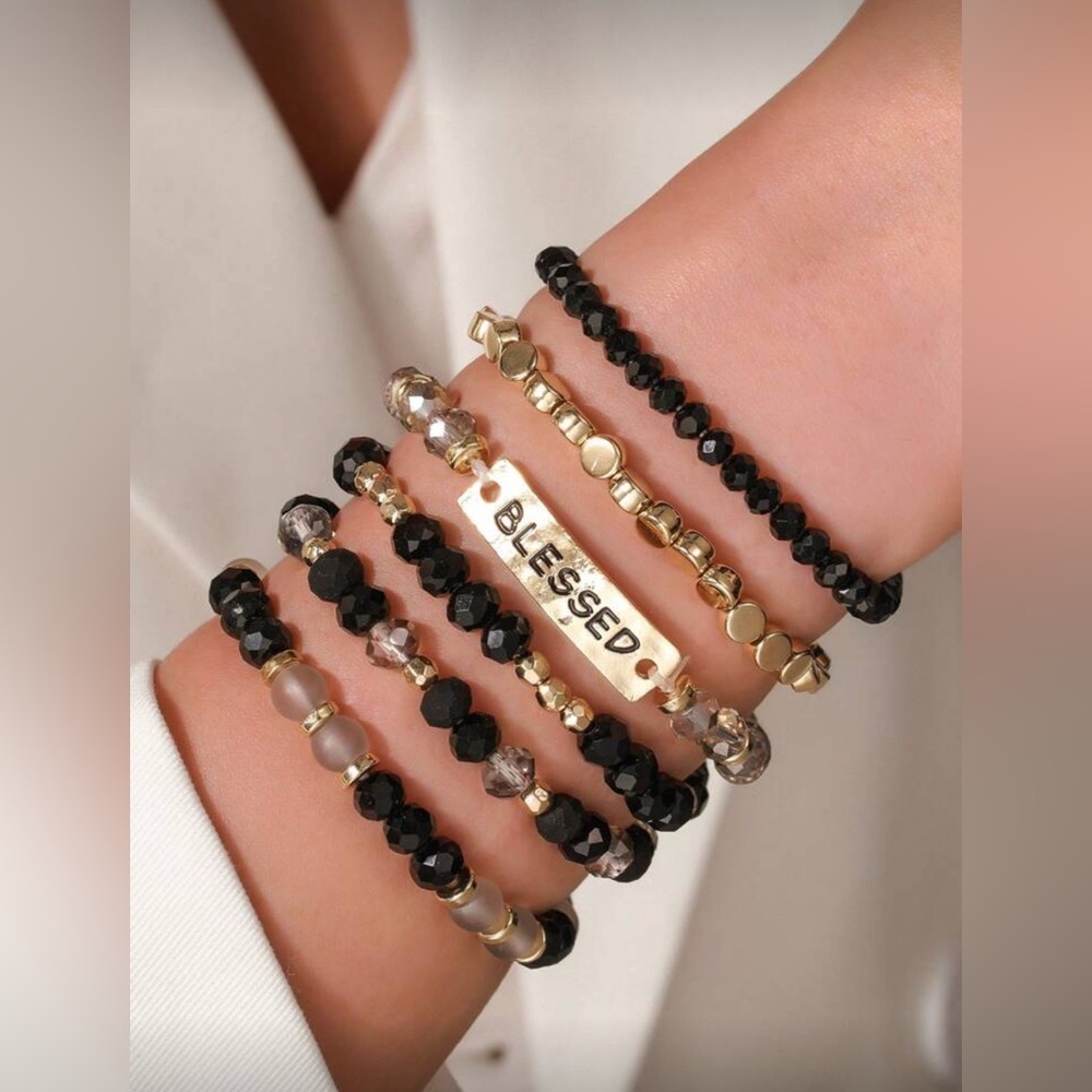 Black and Gold‎ Blessed Stackable Beaded Bracelet Set
